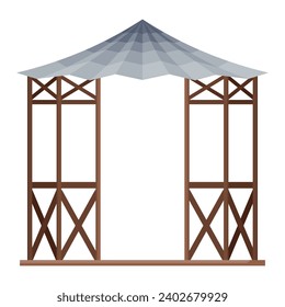 Gazebos pergola style. Architecture wooden bower flat cartoon icon. Pavilion structure, city park or gardens area element isolated on white background. Vector illustration