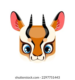 Gazelle cartoon kawaii square animal face, cute springbok isolated vector character icon. African hoofed creature portrait, app button, graphic design element