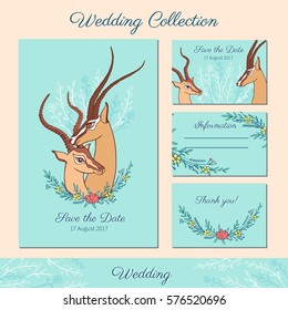 Gazelle colorful hand drawn vector doodle illustration, African antelope with curved horns, cartoon lovers animal, floral bouquet with yellow red flower for design wedding invitation, greeting card