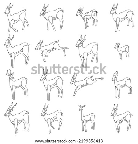 Gazelle icons set. Isometric set of gazelle vector icons outline thin lne isolated on white