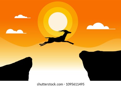 The gazelle jumping from cliff sunset silhouette in desert. Vector Illustration.