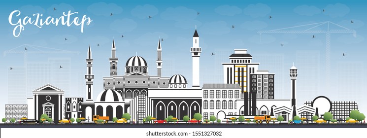 Gaziantep Turkey City Skyline with Color Buildings and Blue Sky. Vector Illustration. Business Travel and Concept with Historic Architecture. Gaziantep Cityscape with Landmarks.