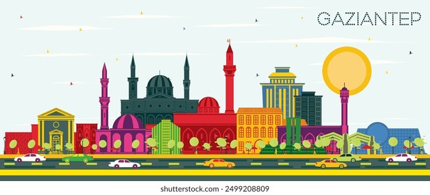 Gaziantep Turkey City Skyline with Color Buildings and Blue Sky. Vector Illustration. Business Travel and Concept with Historic Architecture. Gaziantep Cityscape with Landmarks.
