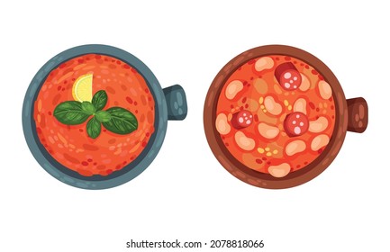 Gazpacho oder Cold Soup and Stew of Beans as Served Spanish Cuisine Disco Oove View Vector Set