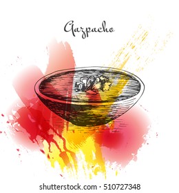 Gazpacho colorful watercolor effect illustration. Vector illustration of Spanish cuisine.