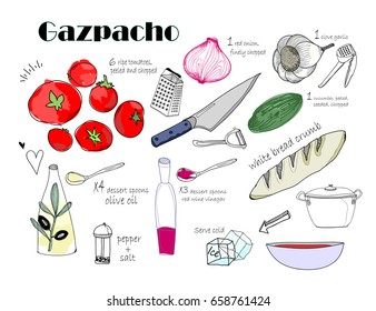 Gazpacho recipe. Hand drawn vector ingredients. All elements are isolated