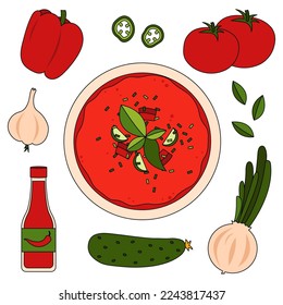 Gazpacho recipe with ingredients -  tomatoes, pepper, onion, garlic, cucumber and tomato sauce. 