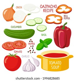 Gazpacho recipe. Large saucepan, tomato soup products. Culinary course poster concept. Dish of Spanish cuisine, Mediterranean diet. Vegetables for recipe poster for restaurant menu or cooking recipe