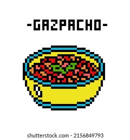 Gazpacho soup in a bowl decorated with a green basil leaf, 8 bit pixel art icon isolated on white background. Traditional portuguese and spanish cuisine dish. 8 bit slot machine, video game graphics.