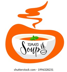 Gazpacho. Soup bowl of orange color puree with basil and tomato soup lettering. Traditional Spanish cold vegetable cream soup. Aromatic soup logo for cafe or restaurant menus. Spanish Cuisine Bowl