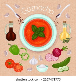 Gazpacho soup and ingredients for it on canvas background. Vector food illustration. Recipe picture. Cartoon style.