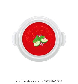 Gazpacho with tomato, red onion, pepper, cucumber in a saucepan top view isolated on white. Traditional Spanish cold vegetable cream soup. Vector illustration, cartoon, icon, symbol, sign, sticker