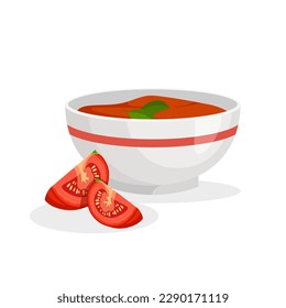 Gazpacho. Tomatensuppe in einer Schüssel. Spanische Küche. Vektorgrafik im trendigen, flachen Stil einzeln auf weißem Hintergrund.