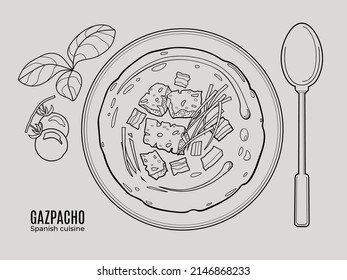 Gazpacho traditional spanish tomato soup served on a plate with croutons, green onions, cherry tomatoes, basil leaves and a spoon. Top view. Doodle style outline illustration.