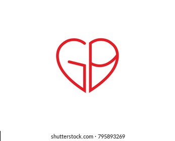 GB initial logo letter with heart shape red colored, logo design for wedding invitation, wedding name and business name.