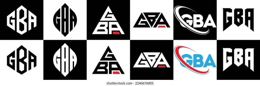 GBA-Brief-Logo-Design in sechs Stilrichtungen. GBA Polygon, Kreis, Dreieck, Hexagon, flacher und einfacher Stil mit schwarz-weißem Farbänderungslogo in einer Zeichenfläche. GBA-minimalistisches und klassisches Logo