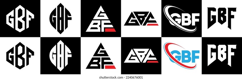 GBF letter logo design in six style. GBF polygon, circle, triangle, hexagon, flat and simple style with black and white color variation letter logo set in one artboard. GBF minimalist and classic logo
