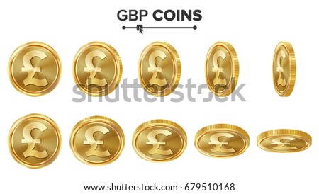 GBP 3D Gold Coins Vector Set. Realistic Illustration. Flip Different Angles. Money Front Side. Investment Concept. Finance Coin Icons, Sign, Success Banking Cash Symbol. Currency Isolated On White