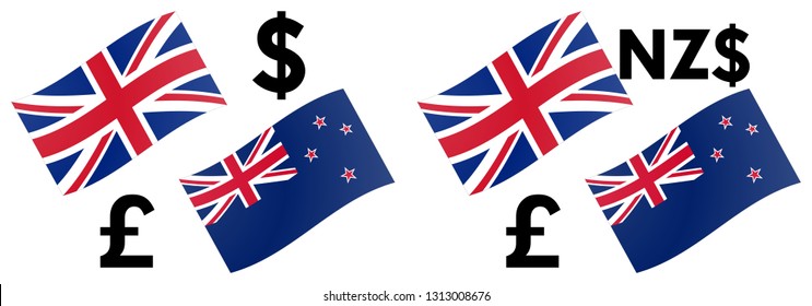 GBPNZD forex currency pair vector illustration. United Kingdom and New Zealand flag, with Pound and Dollar symbol.