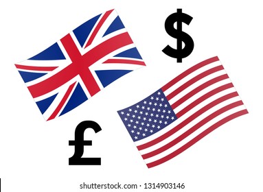 GBPUSD forex currency pair vector illustration. United Kingdom and American flag, with Pound and Dollar symbol.