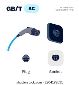 GBT China AC Standard Charging Connector Plug And Socket. Electric Battery Vehicle Inlet Charger Detail. EV Cable For AC Power Charge Electricity. Isolated Vector Illustration On White Background.