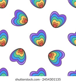 GBTQ Pride heart seamless pattern. Heart with LGBT Pride Rainbow Flag Pattern. Flat illustration in Groovy 70s style.