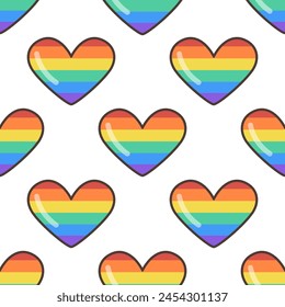 GBTQ Pride heart seamless pattern. Heart with LGBT Pride Rainbow Flag Pattern. Flat illustration in Groovy 70s style.