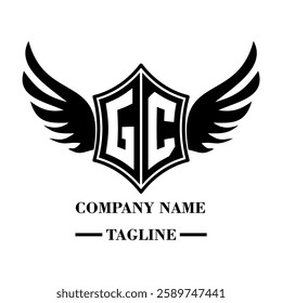 GC A bold winged shield emblem with customizable initials A-Z. Sleek black-and-white vector, perfect for branding, sports teams, motorcycle clubs, gaming,apparel and High-quality
