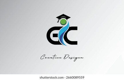 Logotipo da carta criativa GC com tampa de graduação e humano abstrato - educação moderna e design do símbolo de aprendizagem	