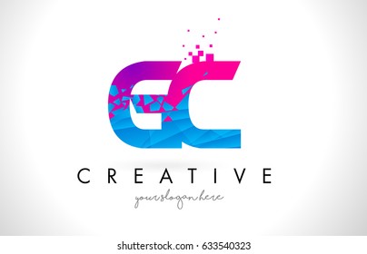 GC G C Letter Logo with Broken Shattered Blue Pink Triangles Texture Design Vector Illustration.