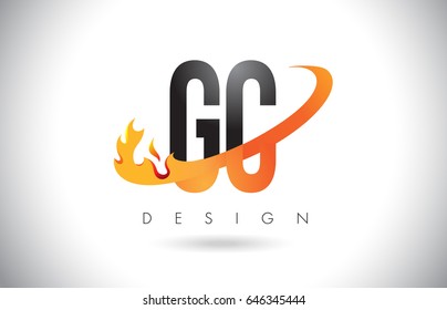 GC G C Letter Logo Design with Fire Flames and Orange Swoosh Vector Illustration.