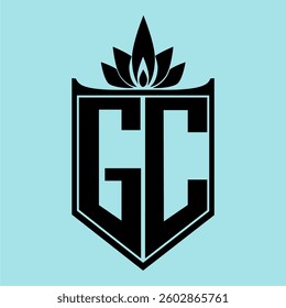 GC Logo featuring a minimalist design with a crown-like flower symbol on top, bold black elements, and a soft blue background, perfect for branding and modern visual identity.