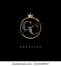 Diseño de lujo del logotipo del monograma de GC con la corona de oro sobre fondo negro