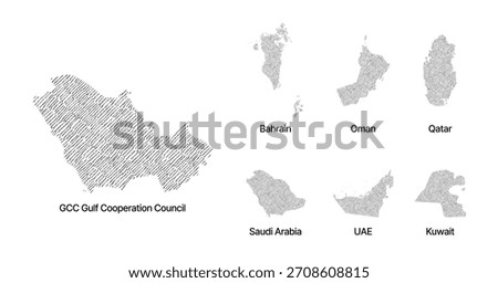 GCC Gulf Cooperation Council Countries map hand drawn sketch on white background vector, freehand hatch vintage style.