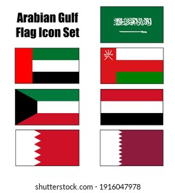 GCC Gulf Country Arabian Gulf or Persian Gulf Flag Icon set on isolated white background. United Arab Emirates, Kuwait, Qatar, Bahrain, Saudi Arabia, Yemen and Oman.