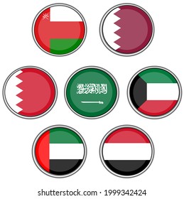 GCC Gulf Country Middle East Flag 3D Icon set on isolated white background. United Arab Emirates, Kuwait, Qatar, Bahrain, Saudi Arabia, Yemen and Oman.