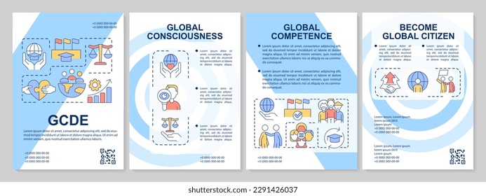 GCDE blue brochure template. Global citizen. Sustainable development. Leaflet design with linear icons. Editable 4 vector layouts for presentation, annual reports. Arial, Myriad Pro-Regular fonts used