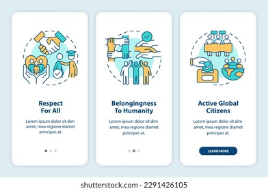 GCED aims onboarding mobile app screen. Global citizenship goals walkthrough 3 steps editable graphic instructions with linear concepts. UI, UX, GUI template. Myriad Pro-Bold, Regular fonts used