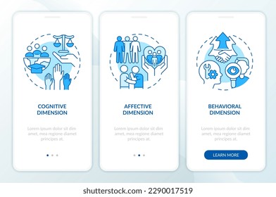 GCED domains of learning blue onboarding mobile app screen. Walkthrough 3 steps editable graphic instructions with linear concepts. UI, UX, GUI template. Myriad Pro-Bold, Regular fonts used