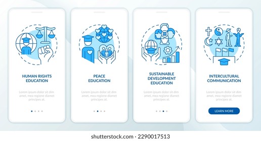 GCED experiences from blue onboarding mobile app screen. Disciplines walkthrough 4 steps editable graphic instructions with linear concepts. UI, UX, GUI template. Myriad Pro-Bold, Regular fonts used