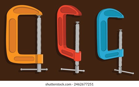 The G-clamp is isolated against a dark brown background. It is a tool used for both woodwork and metalwork.