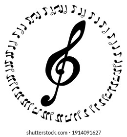 G-clef and music notes round isolated on white background, vector icon design illustration.
