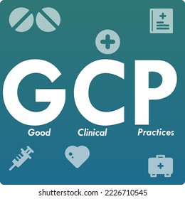 GCP - Buenas prácticas clínicas Acrónimo. Plantilla infográfica con iconos