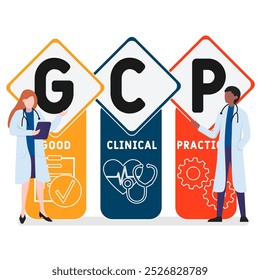 GCP - Good Clinical practices acronym. plano de fundo conceito médico. conceito de ilustração vetorial com palavras-chave e ícones. ilustração de letras com ícones para banner web, folheto, página inicial