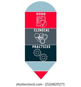 GCP - Good Clinical practices acronym. plano de fundo conceito médico. conceito de ilustração vetorial com palavras-chave e ícones. ilustração de letras com ícones para banner web, folheto, página inicial