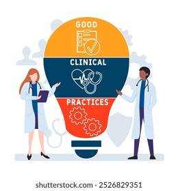 GCP - Good Clinical practices acronym. plano de fundo conceito médico. conceito de ilustração vetorial com palavras-chave e ícones. ilustração de letras com ícones para banner web, folheto, página inicial