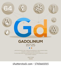 Gd (Gadolinio)El elemento de tabla periódica, letras e iconos,Ilustración vectorial.