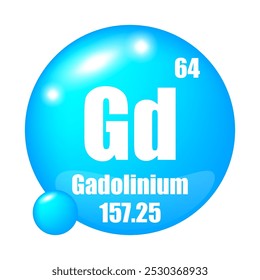 Gd icon. Gadolinium element. Atomic number 64. Mass 157.25. Blue sphere background. Vector symbol.