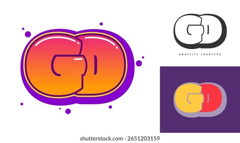 GD logo design for festival or party. Initial letter g and d in graffiti style. Creative modern lettering company name of font typography. Kids trendy logotype or identity. Vector illustration.