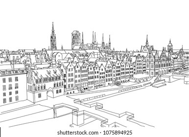 Gdansk city landscape. Hand drawned vector background. Black and white line art.